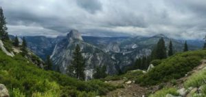 View of Half Dome, Nevada and Vernal Falls from near Glacier Point