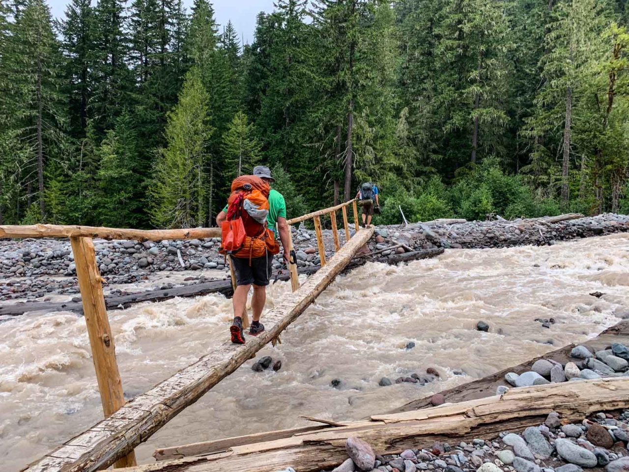 Jeff crossing South Mowich River on the Wonderland Trail