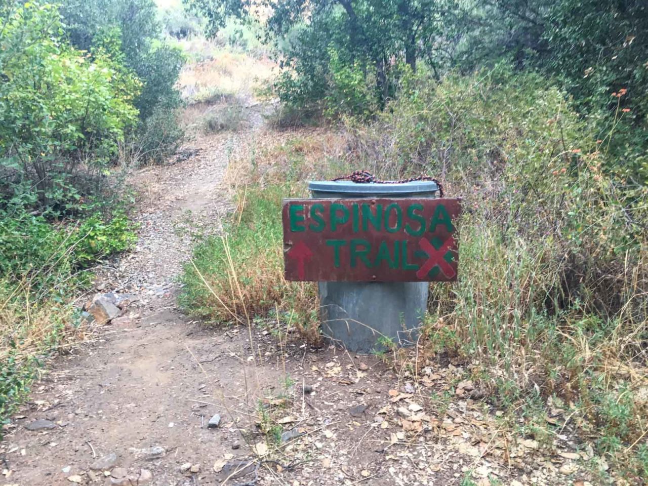 Garbage can marking turnoff from the road